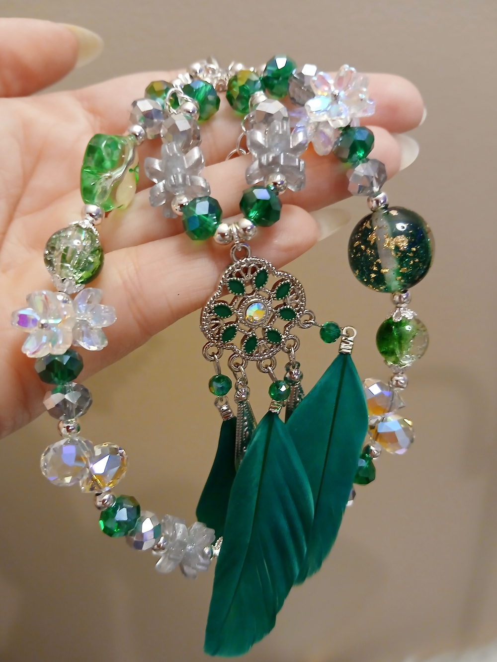 Green Feather & Crystal Beaded Dream CatcherPendant For Phone Or Purse
